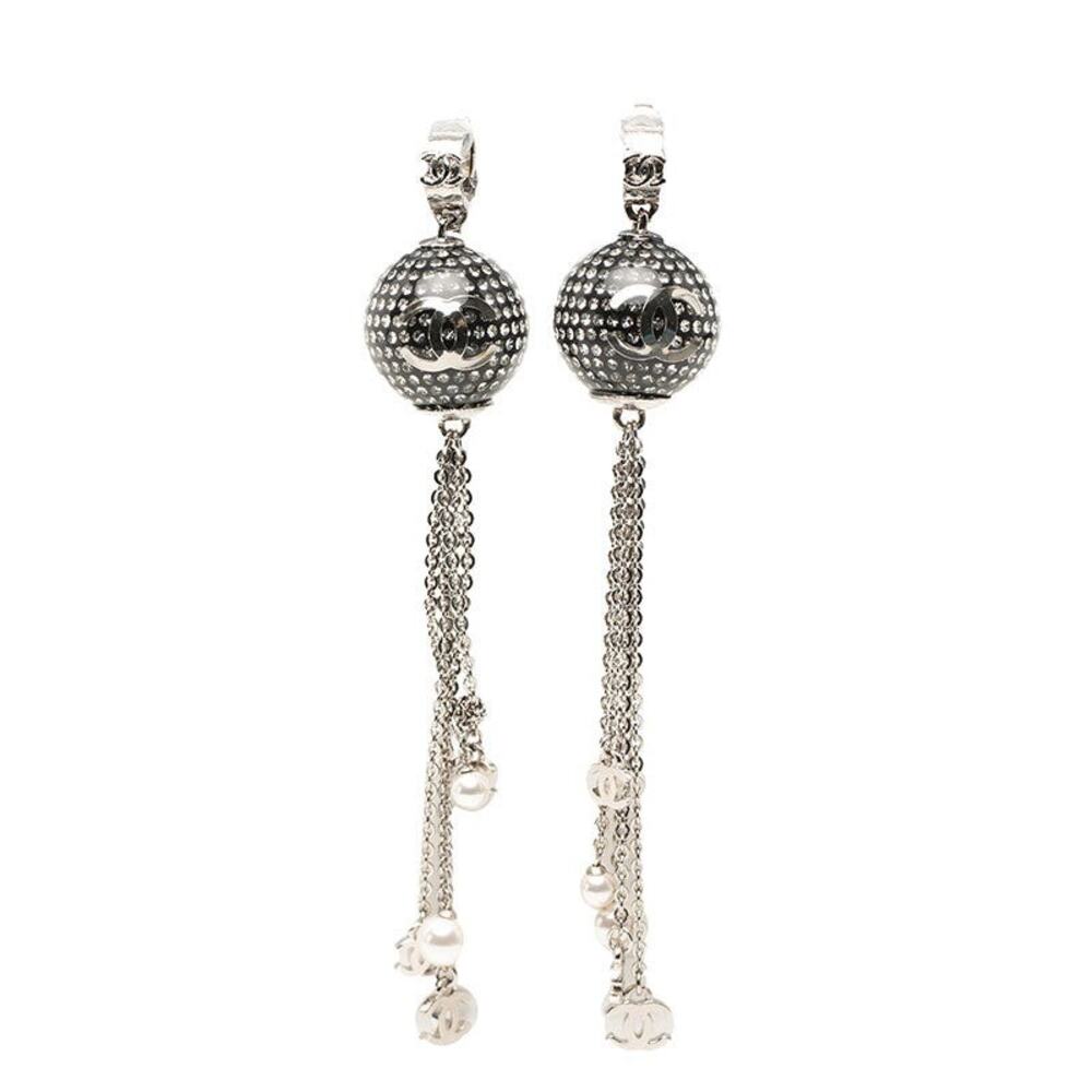 Chanel CC Logo Mirror Ball Faux Pearl Rhinestone Earrings Silver